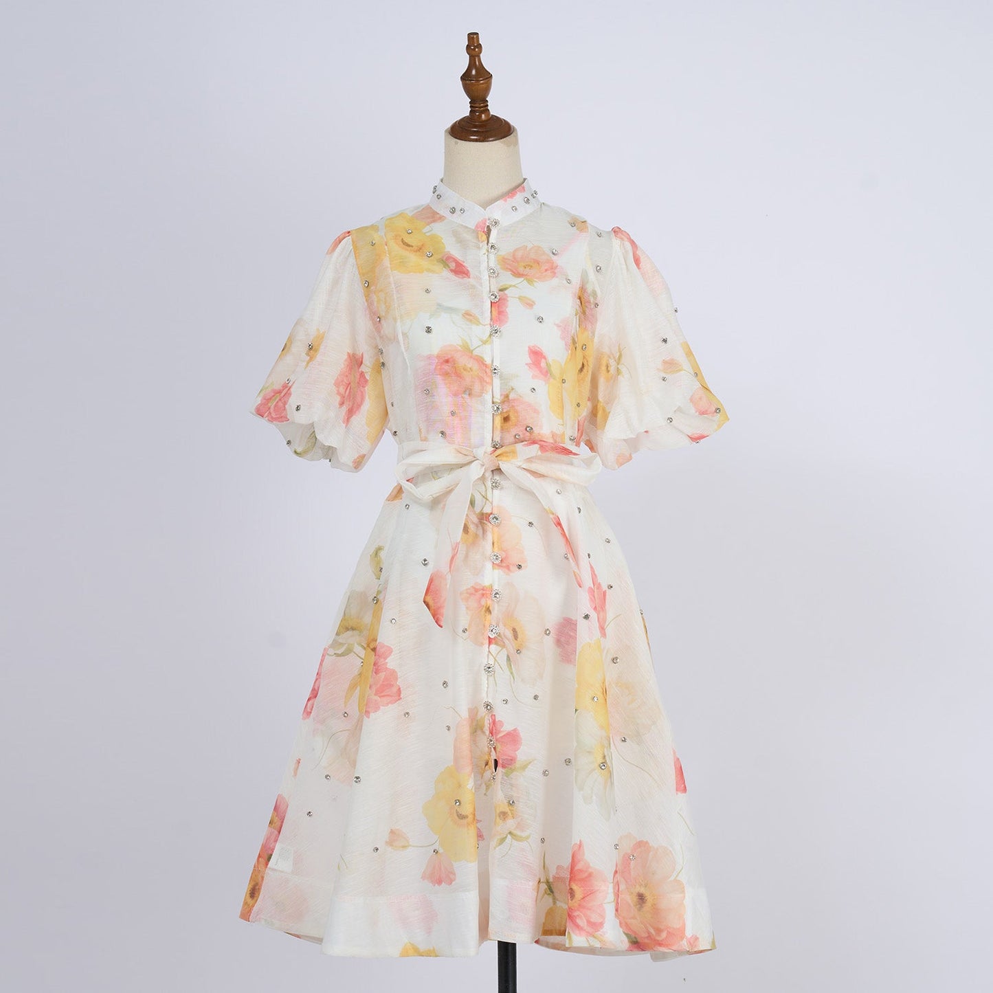 Women Summer Autumn Printed V Neck Puff Sleeved Tie Waist Wide Leg Umbrella Dress