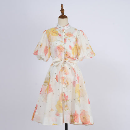 Women Summer Autumn Printed V Neck Puff Sleeved Tie Waist Wide Leg Umbrella Dress