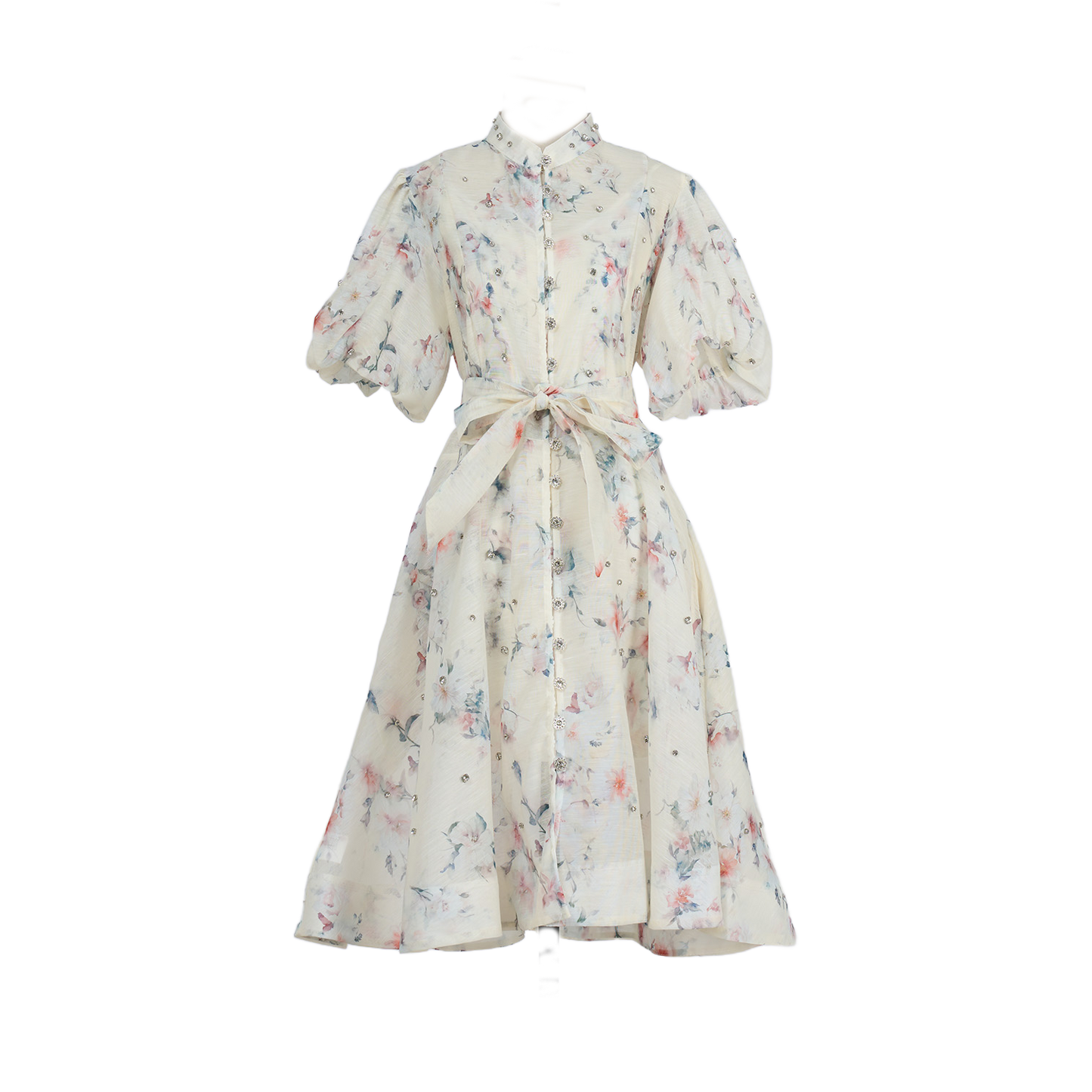 Women Summer Autumn Printed V Neck Puff Sleeved Tie Waist Wide Leg Umbrella Dress