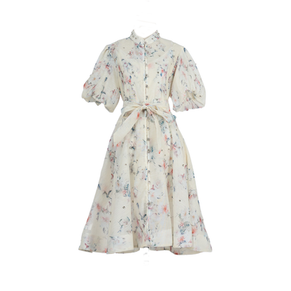 Women Summer Autumn Printed V Neck Puff Sleeved Tie Waist Wide Leg Umbrella Dress