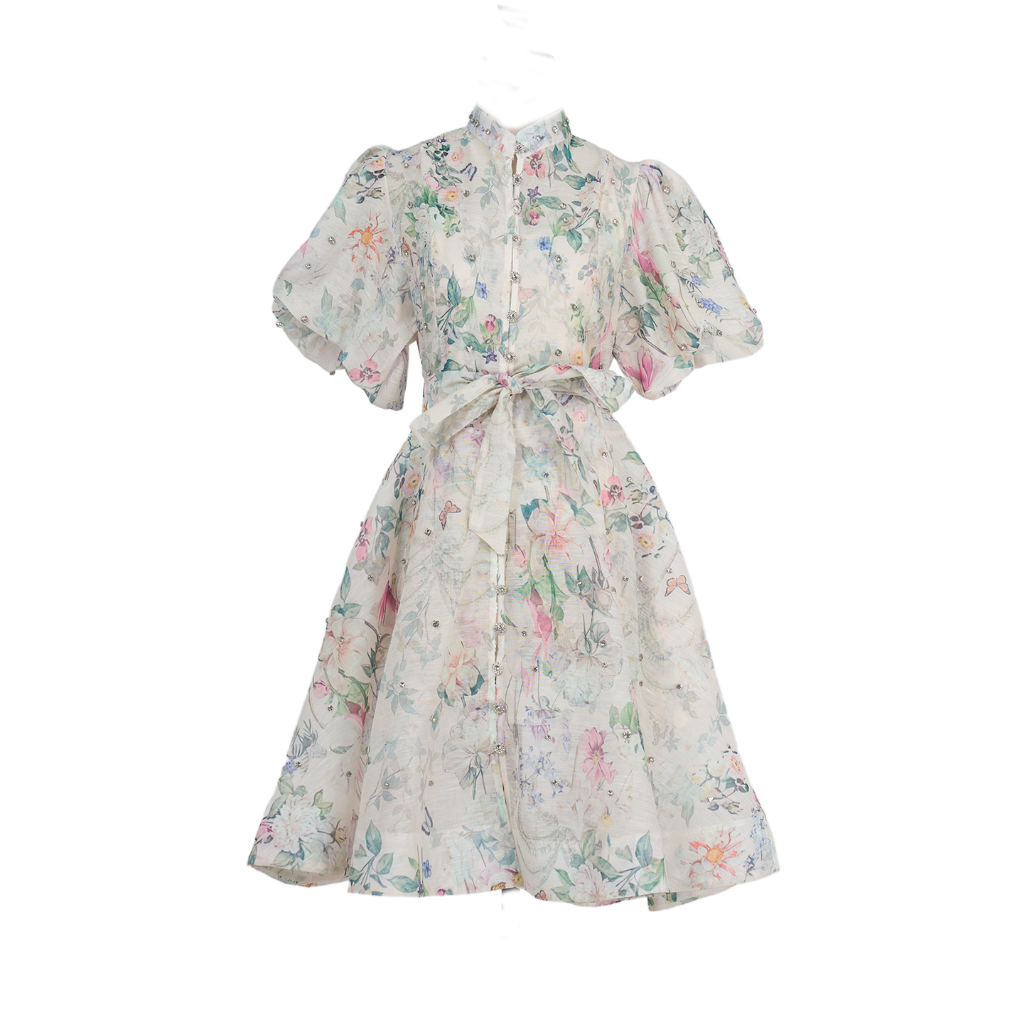 Women Summer Autumn Printed V Neck Puff Sleeved Tie Waist Wide Leg Umbrella Dress