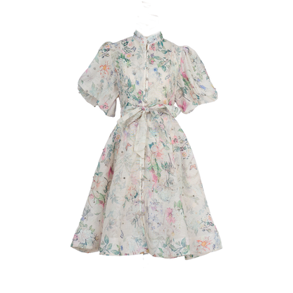 Women Summer Autumn Printed V Neck Puff Sleeved Tie Waist Wide Leg Umbrella Dress