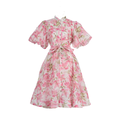 Women Summer Autumn Printed V Neck Puff Sleeved Tie Waist Wide Leg Umbrella Dress