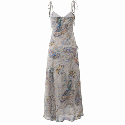 Super Nice Summer Gentle Retro Ruffled Floral Dress Seaside Vacation Strap Dress