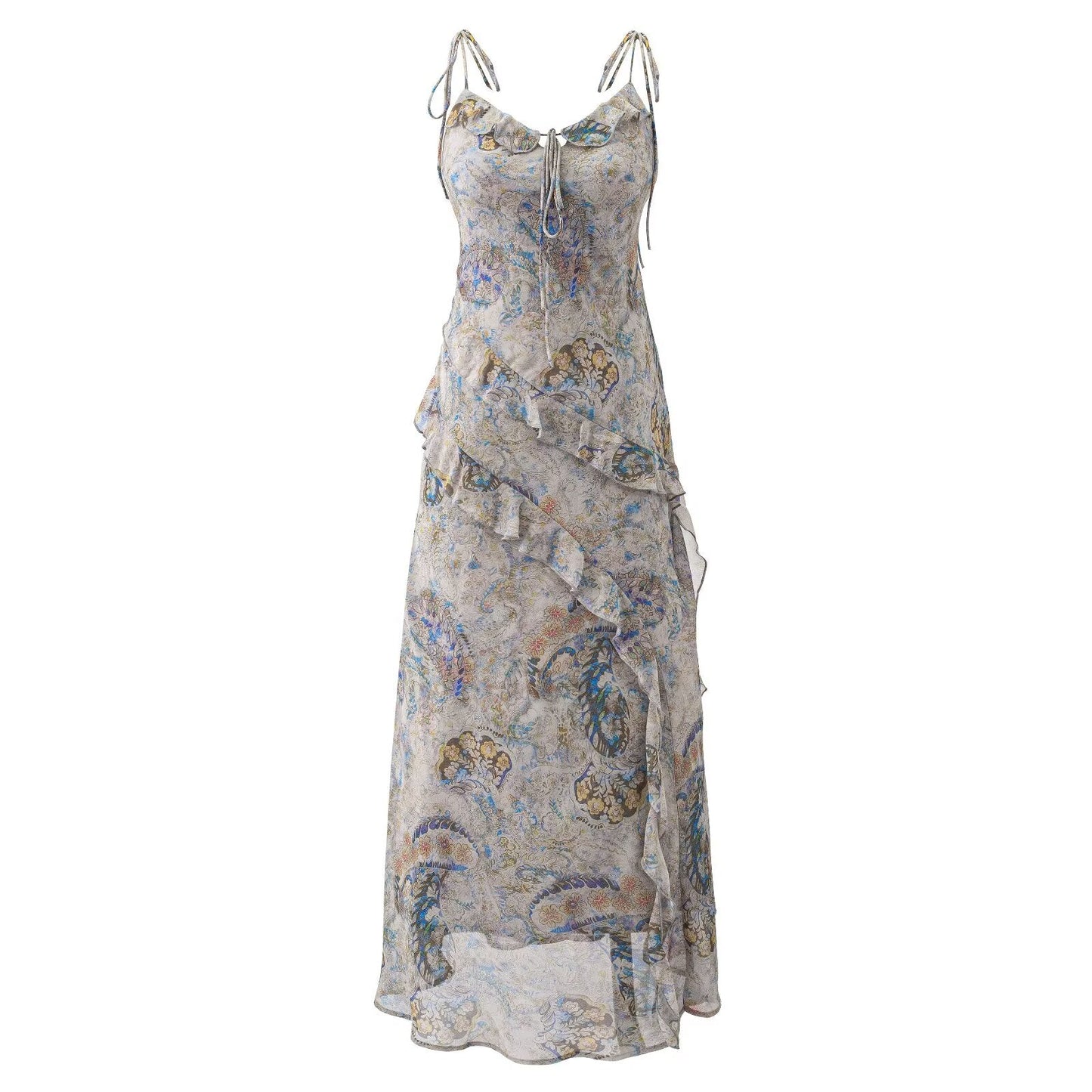 Super Nice Summer Gentle Retro Ruffled Floral Dress Seaside Vacation Strap Dress