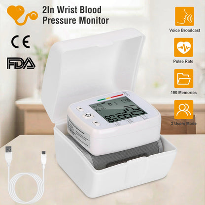 Blood Pressure Monitor Wrist Digital High Blood Pressure Cuff Heartbeat Tester w/ 90x2 Reading Memory 2In LCD Screen Storage Box
