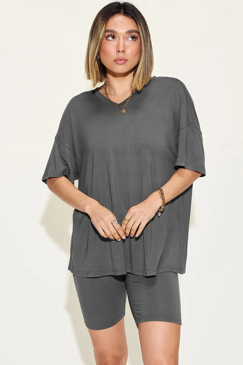 V-Neck Drop Shoulder T-Shirt and Shorts Set