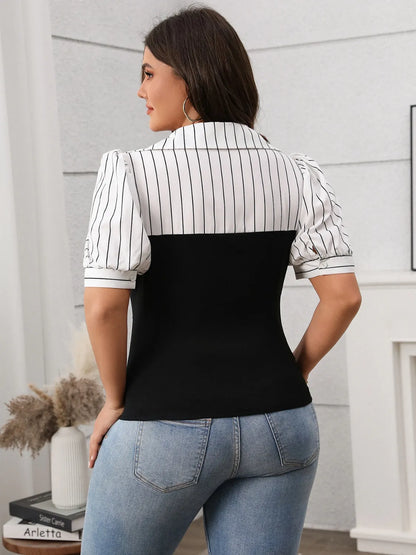 Striped Johnny Collar Short Sleeve Blouse