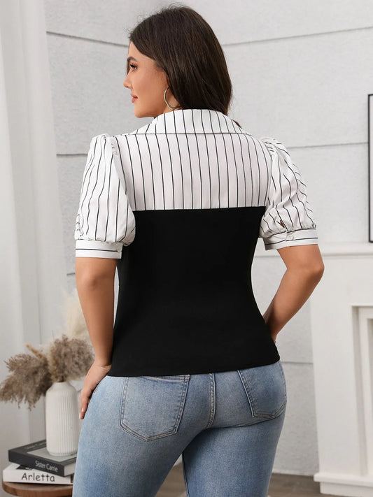 Striped Johnny Collar Short Sleeve Blouse