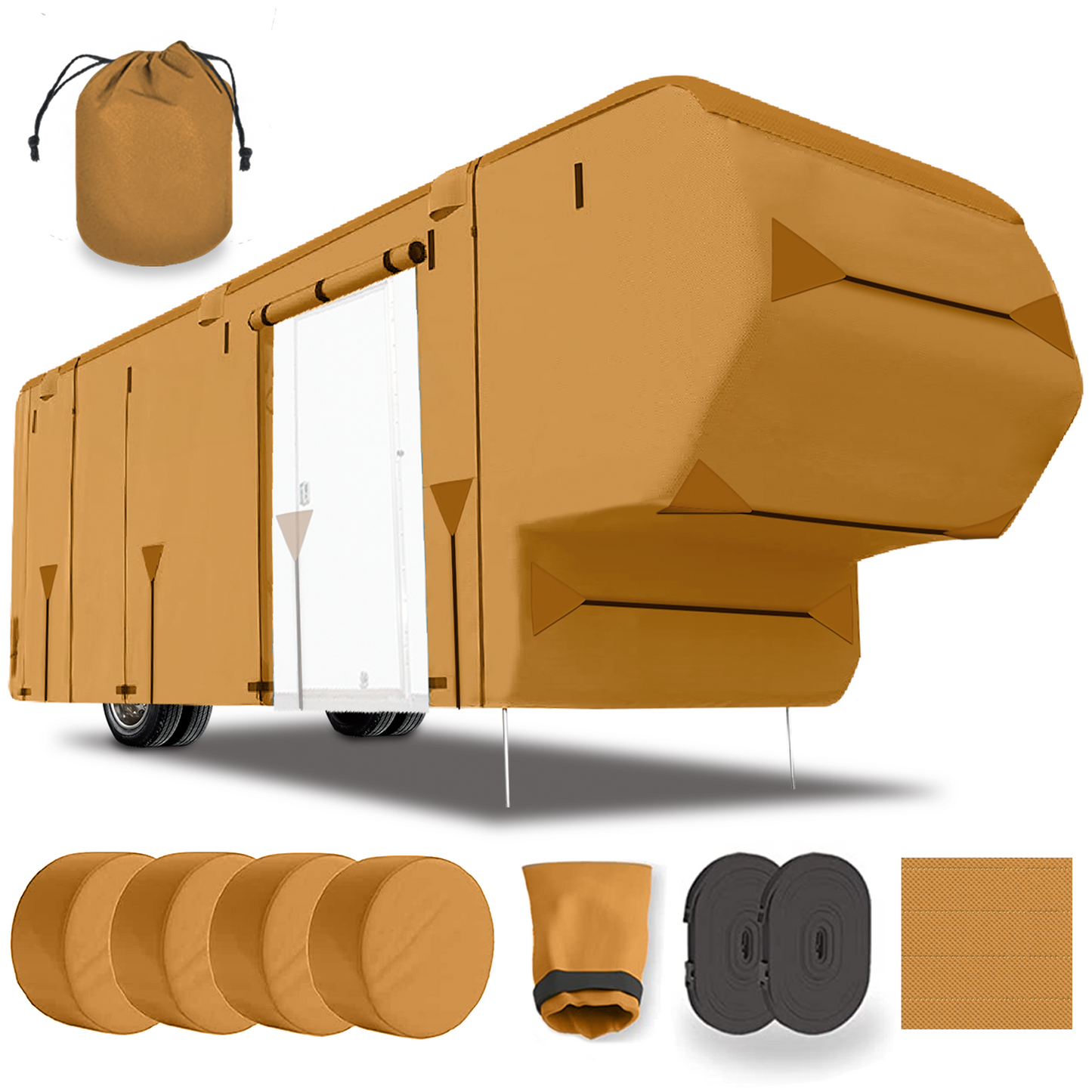 Lanceton Fifth Wheel 5th Wheel RV Trailer Cover, 300D/160g Solution-Dyed Oxford Roof (Waterproof 2000mm, UV 50+), 6-Zipper Access System, Includes 4 Tire Covers, Jack Cover & 4 Gutter Guards