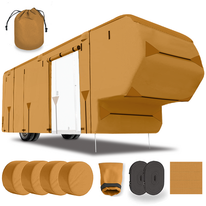 Lanceton Fifth Wheel 5th Wheel RV Trailer Cover, 300D/160g Solution-Dyed Oxford Roof (Waterproof 2000mm, UV 50+), 6-Zipper Access System, Includes 4 Tire Covers, Jack Cover & 4 Gutter Guards