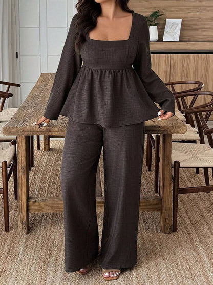 Square Neck Long Sleeve Top and Pants Two-Piece Set