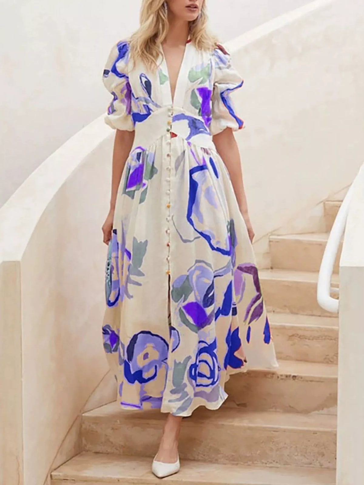 Abstract Print Puff Sleeve Midi Dress