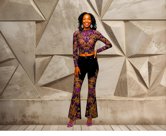 AZTEC GOLD AND PURPLE ARTISTIC DESIGNS Women's Long Sleeve Round Neck Crop Top Only  DESIGNS BY KIEKIE