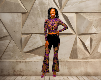 AZTEC GOLD AND PURPLE ARTISTIC DESIGNS Women's Long Sleeve Round Neck Crop Top Only  DESIGNS BY KIEKIE