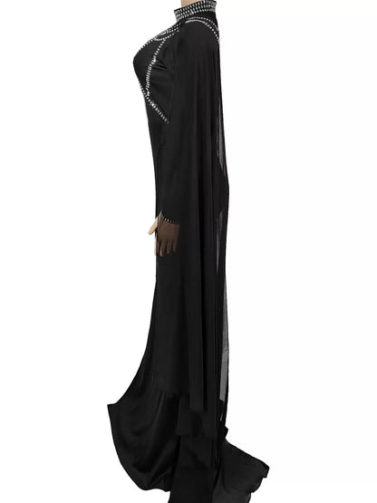Rhinestone Slit Maxi Dress with Sheer Cape Sleeves