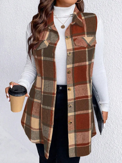 Pocketed Plaid Button Up Vest Coat