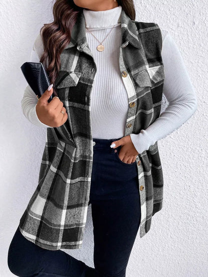Pocketed Plaid Button Up Vest Coat