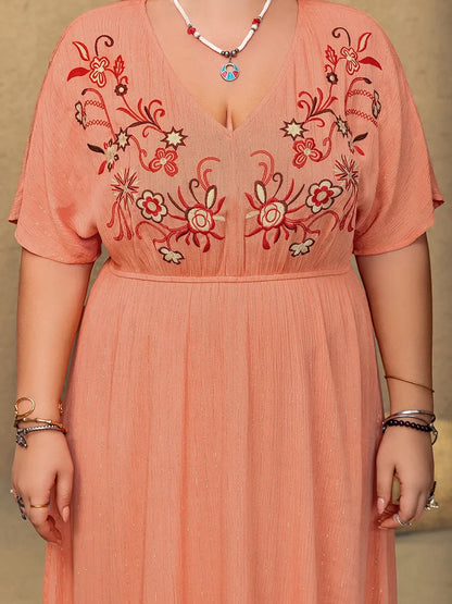 Frill Embroidered V-Neck Half Sleeve Maxi Dress