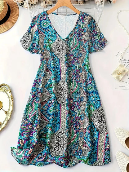 Paisley Print V-Neck Short Sleeve Dress