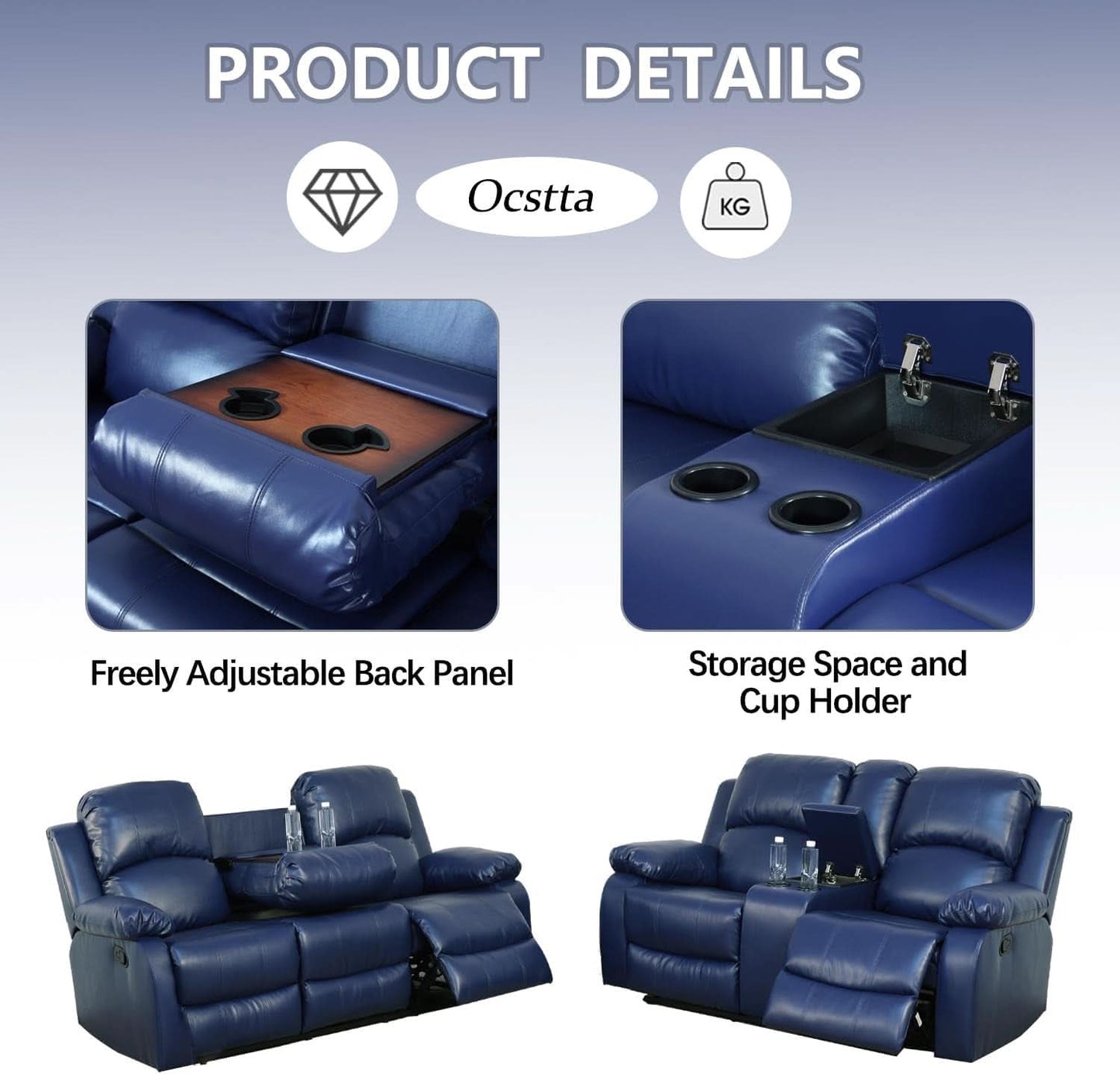 Manual Leather Recliner Sofa Set Blue Living Room Furniture