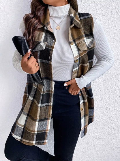Pocketed Plaid Button Up Vest Coat