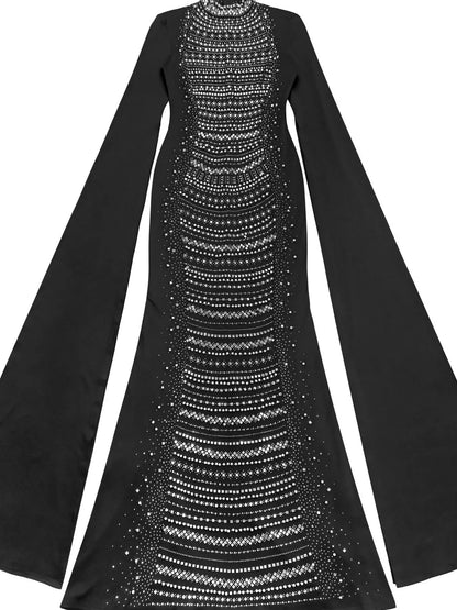 Rhinestone Slit Flare Sleeve Cape Maxi Dress