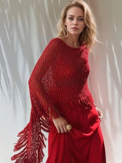 Tassel Boat Neck Knit Shawl