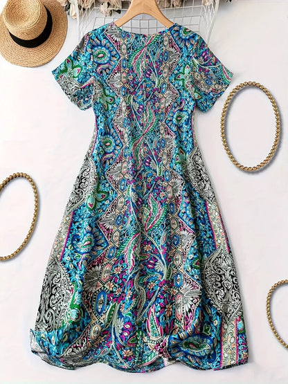 Paisley Print V-Neck Short Sleeve Dress