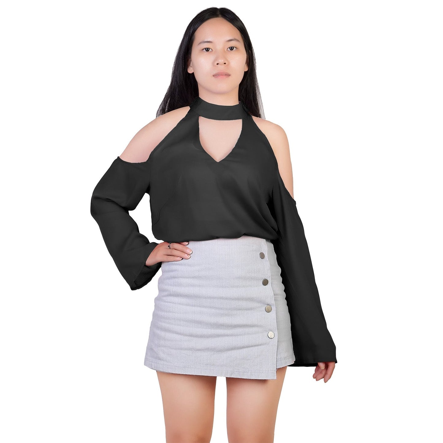Women\'s Sexy Off The Shoulder Blouses Cold Shoulder Tops V-Neck Long Sleeve T-Shirt Solid Color Summer