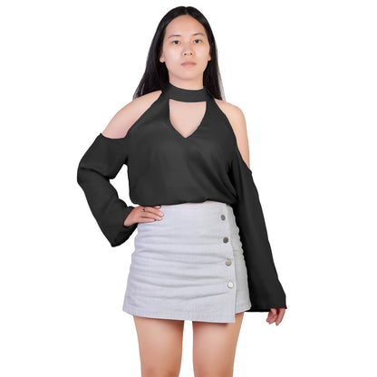 Women\'s Sexy Off The Shoulder Blouses Cold Shoulder Tops V-Neck Long Sleeve T-Shirt Solid Color Summer