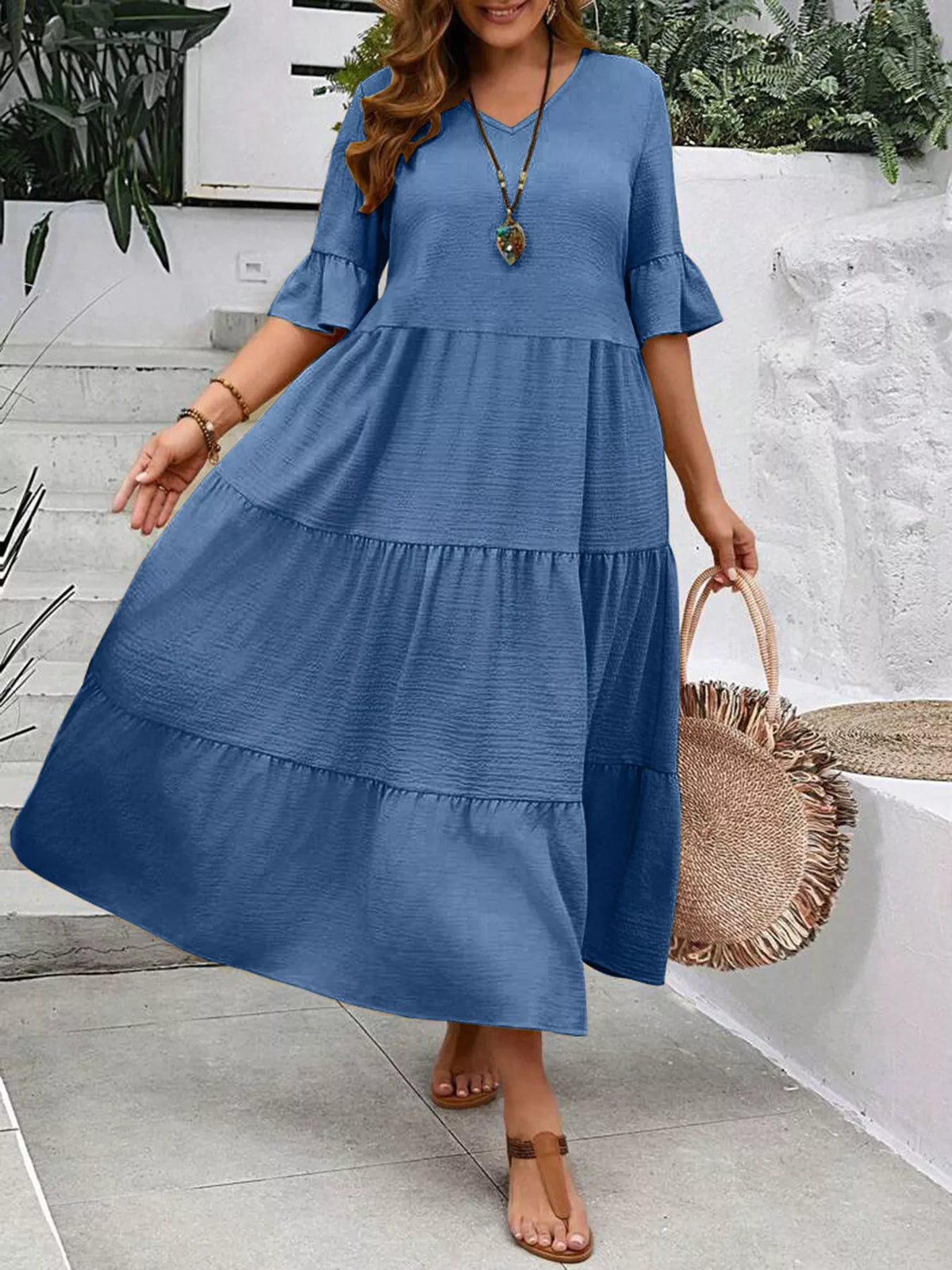 Ruffle Sleeves Tiered Midi Dress