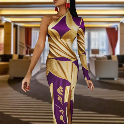 Sexy gold and purple Egyptian designed patterned Half Sleeve Slit Dress Designs By Kiekie