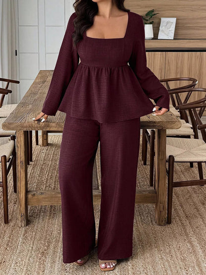Square Neck Long Sleeve Top and Pants Two-Piece Set