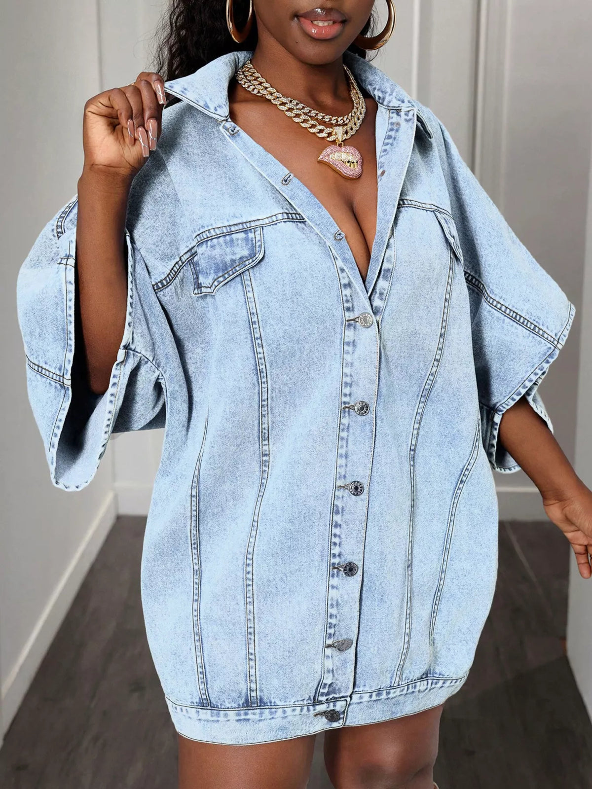 Oversized Batwing Sleeve Denim Top