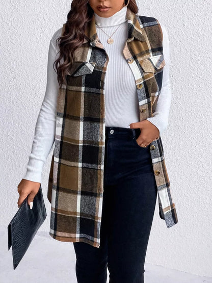Pocketed Plaid Button Up Vest Coat