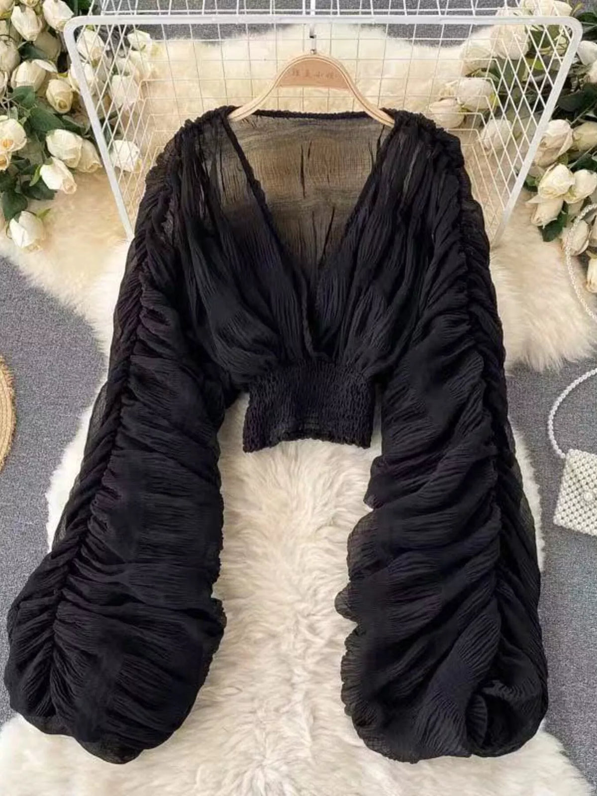 Smocked Ruched Long Sleeve Blouse