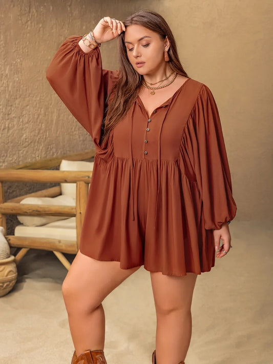 Ruched Tie Neck Balloon Sleeve Romper