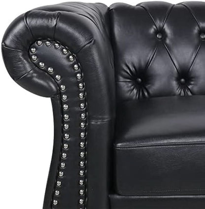 Three Piece Living Room Furniture Set With Faux Leather Chesterfield Sofa Club Chair And Loveseat In Black