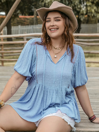 Swiss Dot Tie Neck Short Sleeve Blouse
