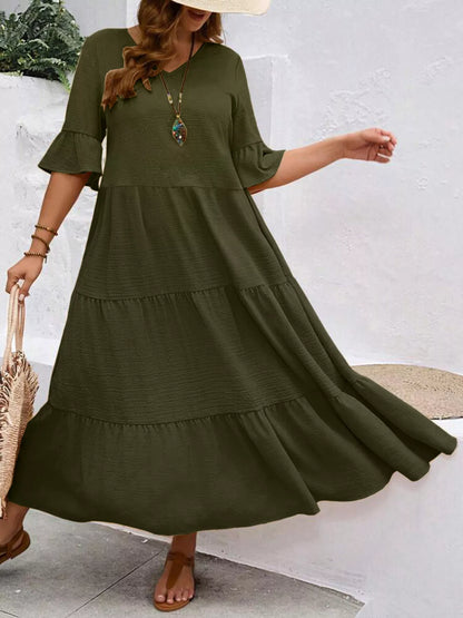 Ruffle Sleeves Tiered Midi Dress