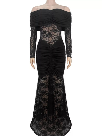 Off-Shoulder Ruched Lace Mermaid Maxi Dress