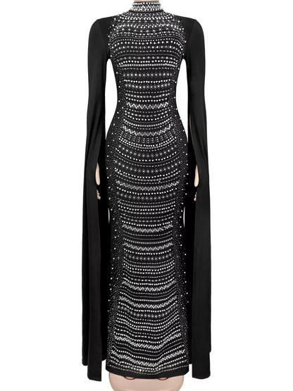 Rhinestone Slit Flare Sleeve Cape Maxi Dress