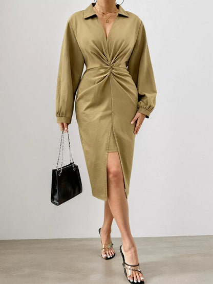 Twist Front Split Midi Dress