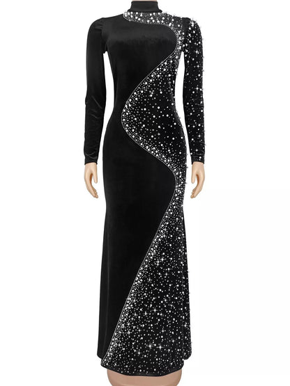 Rhinestone Embellished Velvet Mermaid Evening Maxi Dress