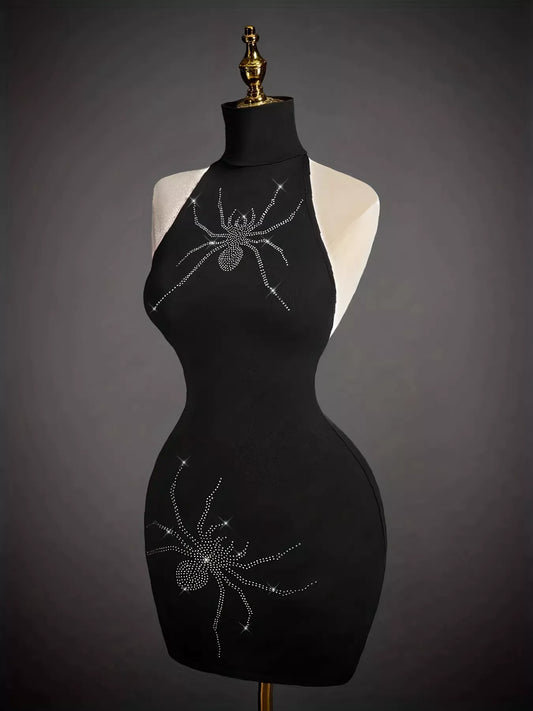Rhinestone Spider Halter Neck Bodycon Dress