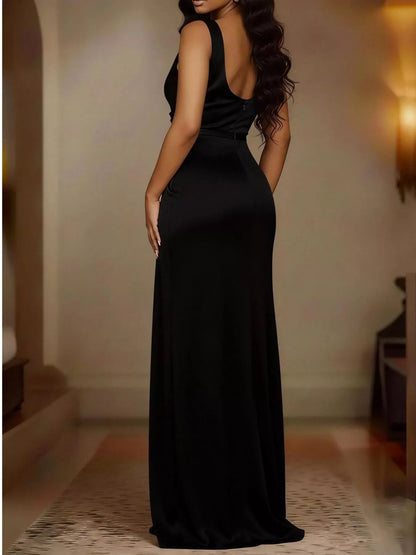 Satin Cowl Neck High Slit Maxi Dress