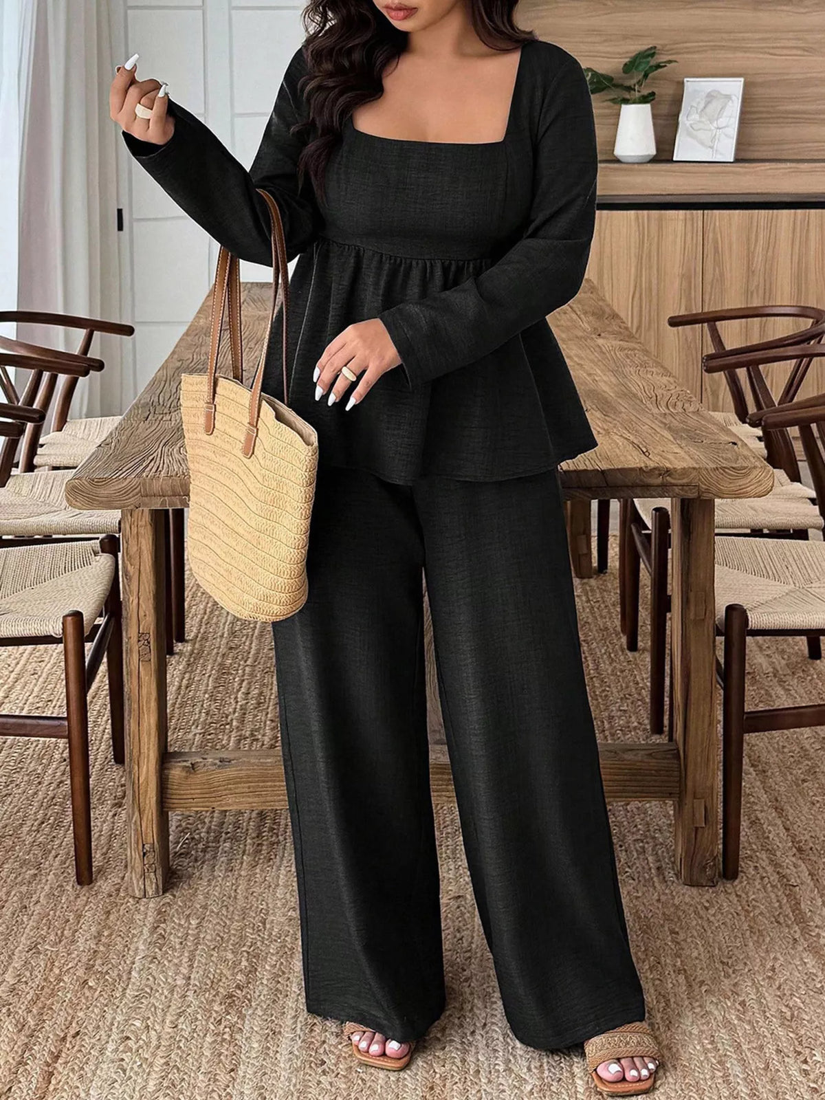 Square Neck Long Sleeve Top and Pants Two-Piece Set