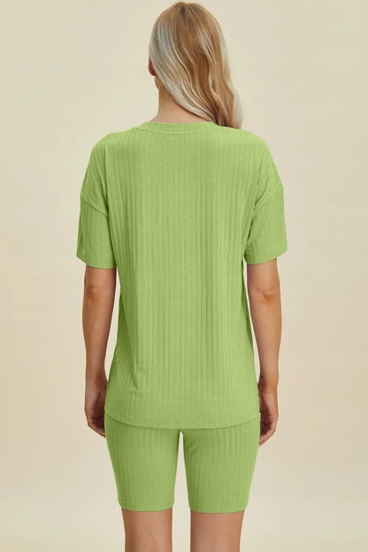 Ribbed V-Neck Short Sleeve Top and Shorts Set