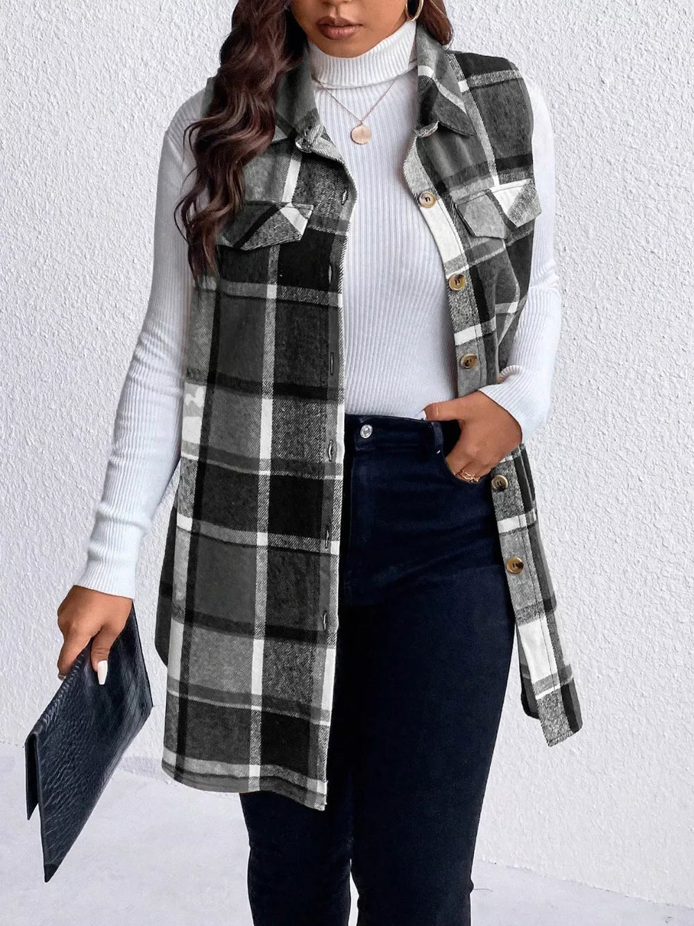 Pocketed Plaid Button Up Vest Coat